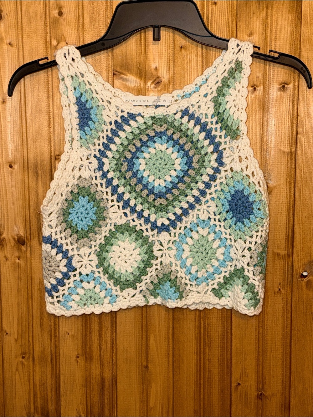 Altar'd State Crochet Square Tank Top in Cream & Blue-Green XS